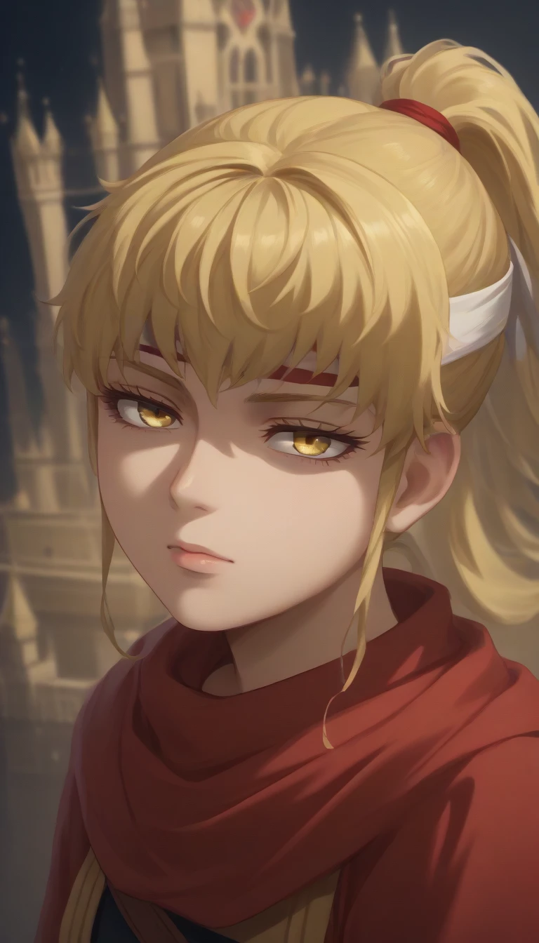  blond hair yellow eyes pony tail (((((**((Rachel Tower of God)))))))))  score_9, score_8_up, score_7_up, 1girl, kyoukai ((((cowl)))) headband slanted eyes 