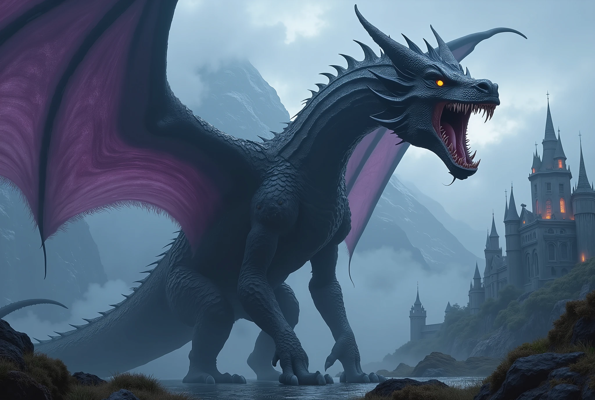 masterpiece, Best Quality, Super detailed,anime,8k, Giant Dragon Fantasy Art ,
BREAK
The wings of dragons are huge and spread、紫色の膜 visible ,
Dragon scales are jet black like black iron ,
The dragon's mouth is open 、鋭い歯 visible ,
Dragon eyes are sharp yellow with cat eyes ,
Dragons have dorsal fins on their backs ,
the dragon's tail is long 、 it wraps around the castle ,
BREAK
Foggy mountains in the background 々 visible , I can see several castle towers ,
The sky is cloudy.、 it has a dark atmosphere , Mysterious and fantastic night scenery ,