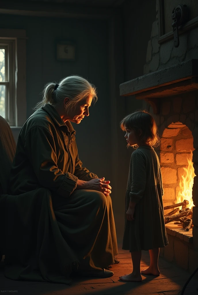 A great-grandmother with a face full of love, holding a crying child in her arms, protecting them while the house burns, sitting on the floor.