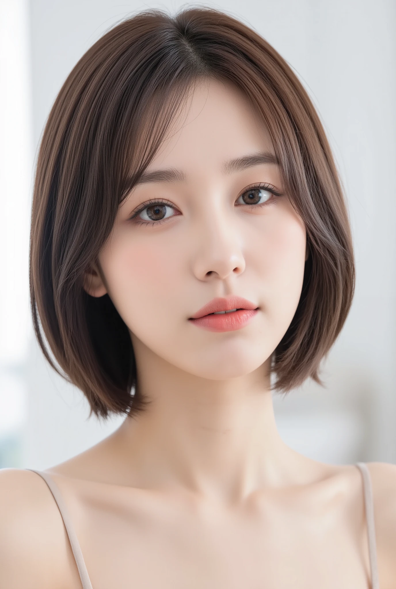 (High quality, High detail, 8k, Realistic), Portrait of Mai Miyagawa, Attractive facial details, Gentle face, Bob hair, Sparkling round eyes, Slender figure, Smooth skin, Natural, Thin strap tank top, White background, the scene is shot using a Canon EOS R5 camera paired with a Canon RF 85mm f/1.2L lens. The f-number is set at f/2.0 for a balanced depth of field, the ISO at 100 to ensure impeccable clarity.