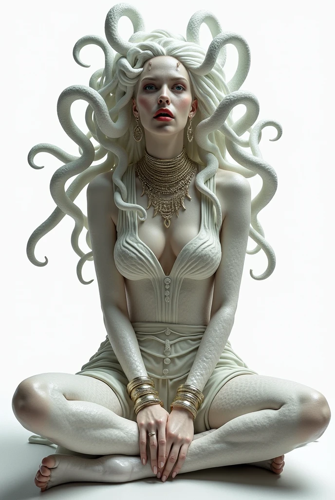 Medusa Greek mythology, (Ancient Greek dress:1.3), gold and silver accessories, high neck collar, bracelets, earrings,
The hair of many snakes, image of a white snake all over, white skin covered with shiny scales, sky blue eyes, slightly open moist lips, small fangs, showing red tongue, thin waist, wide hips, curvy perfect body, ( simple background, white background), (sitting cross-legged on a floor), view from below, side view, 
white snake image, 