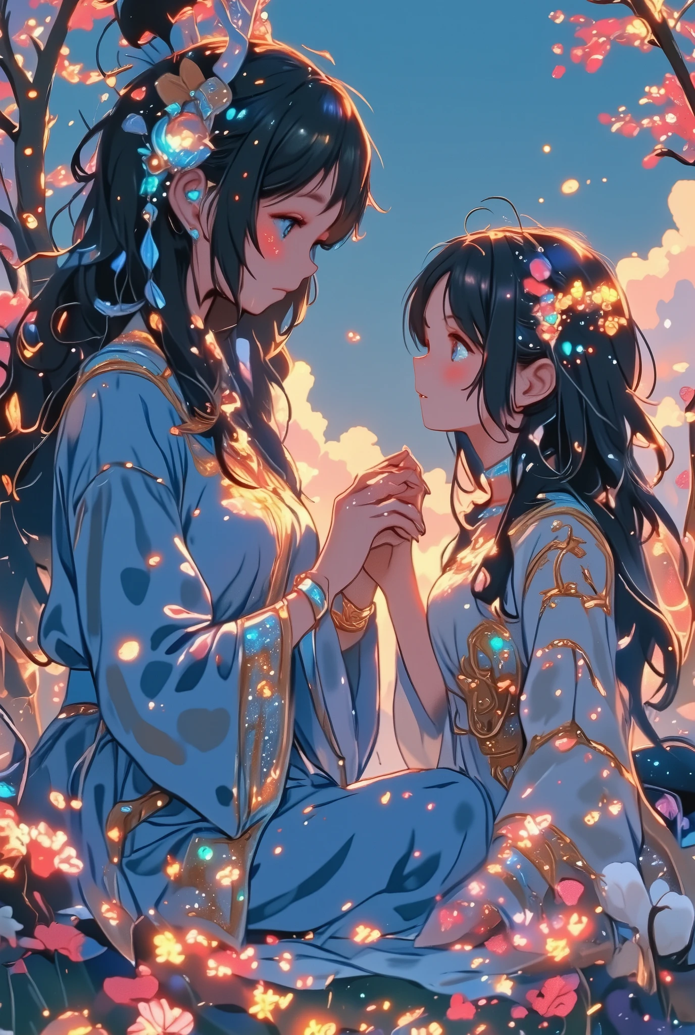Une princesse aux cheveux bruns long et aux yeux bleue dans une robe bleu. La princesse fait un câlin à une fille. La fille a des cheveux bruns attachés, elle a une frange. Ses cheveux sont noires et rouges. La fille à des ailes de dragon rouge et noir. La fille à les yeux noir et rouge.