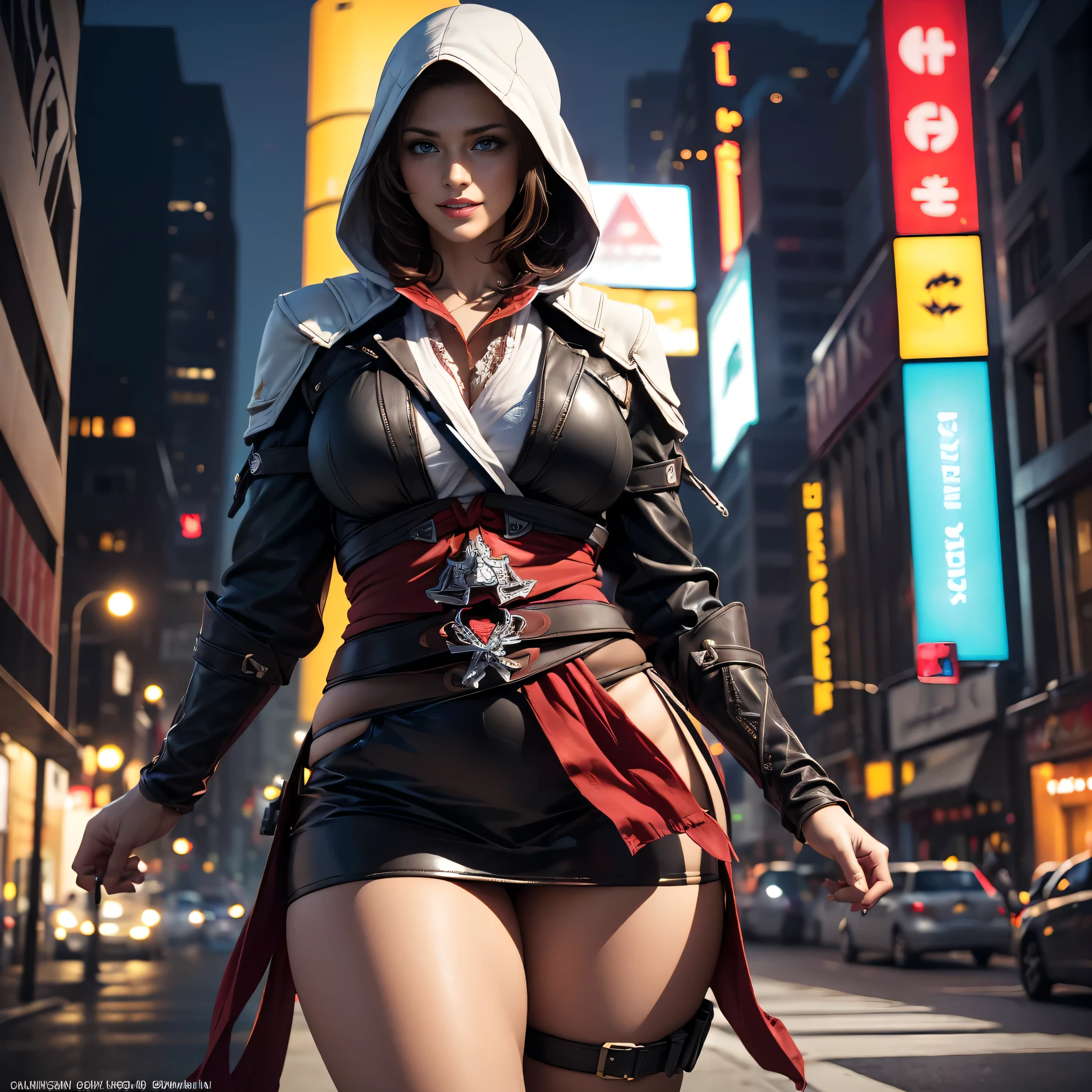A cybernetic woman, with a perfect sculptural whole body, realistic, belly appearing, (large and perfect breasts), neckline, 3d, with hood on the head and a cape, and a red visor in the right eye, anime style 3d, ultra realistic, HD,  