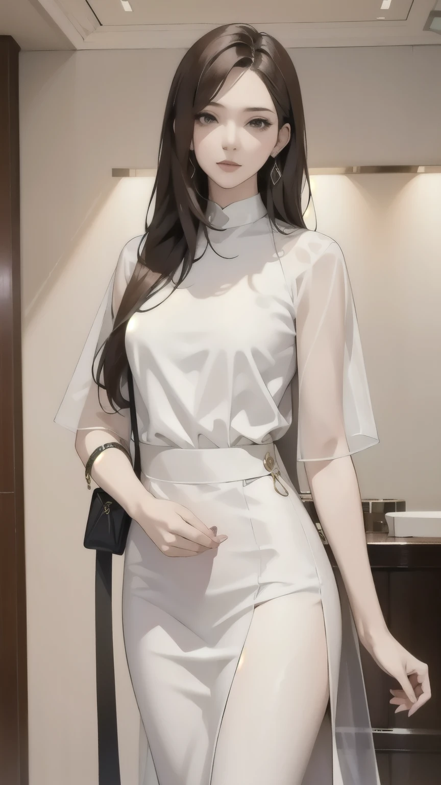 Tall women who wear everyday clothes made of sheer material、whole body、hotel lobby background、 2025 fashion trend material ,(masterpiece,  top quality :1.2),  One Girl , Alone