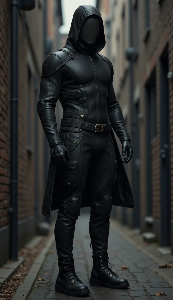 Fantasy Otherworld All Incognito Male Thief Transparent Full Body Leggings Invisible Leather Covered Full Body Suit Leather Long Boots Leather Long Gloves Hooded Black Smooth Faceless Mask Under Dark Alley Shadows
