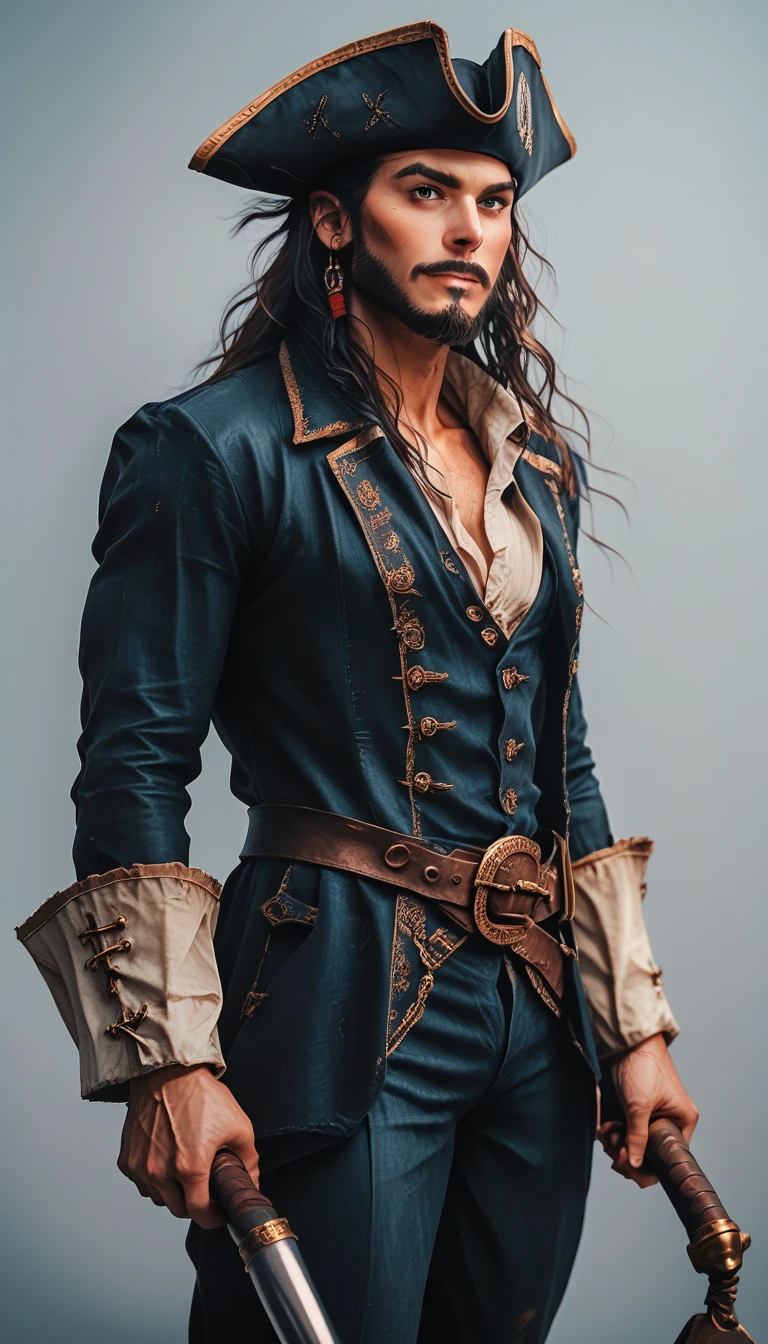  A man standing, PIRATE, long black beard, chapéu de PIRATE, Muscles,Hold a bottle of rum , dark background, realistic image  ,  masterpiece ,   ,   hyperrealistic poses, rendering ,  realistic physical rendering ,  photorealistic rendering ,  very detailed ,  rendering de alta qualidade ,  architectural rendering ,  rendering 3D muito realista ,   realistic image  