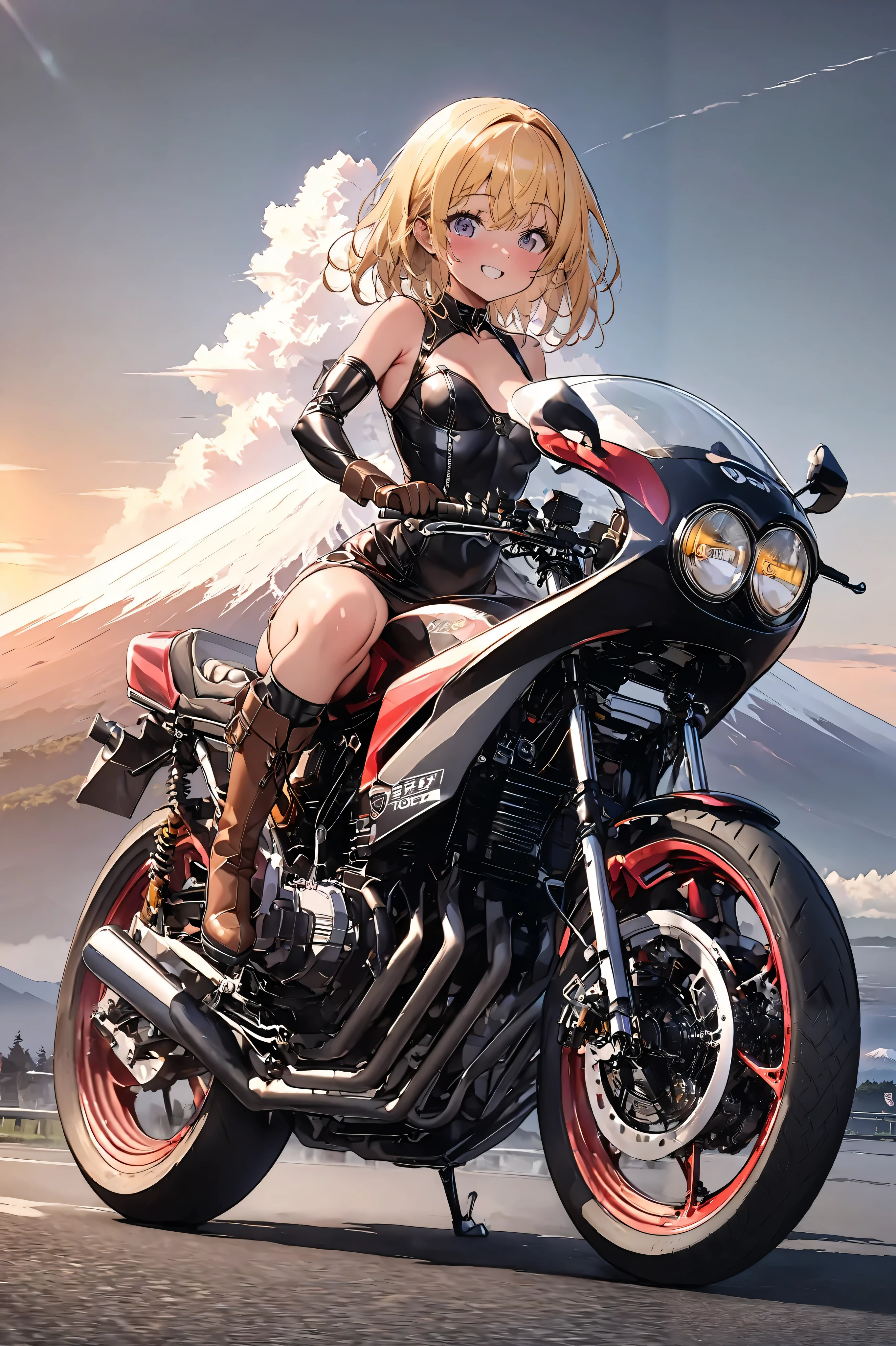 1 high school girl rides a motorcycle tuned to Honda CBX400F cafe racer specifications、 Sunrise from Mt. Fuji 、Glossy tanned skin, small breasts, video,   inviting ,  top quality ,  leather gloves , perfect face、Yellow Hair、 Japanese bad girl、 brown long boots 、 anatomically correct, 