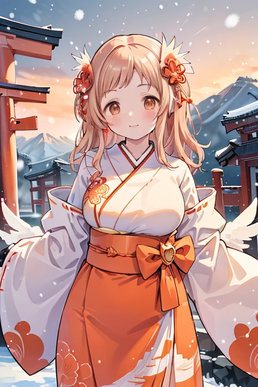 Sakuragi Mano, ((Mega Breasts)), Absolute territory,　smile, Fluffy, (Healing), ((feathers)),　brooch, medium hair, best quality, masterpiece, blush, light brown hair, 　outside curling hairstyle, side fringe, (forehead : 1.28), left-right symmetry fashion,　 winter, ((((snow)))), , light brown eyes, 　(((spoken heart))), (shrine), new year, sunrise, morning, standing, mountain, ((((hawk)))),　torii gate, shrine maiden outfit, (frilled floral pattern vivid red skirt), ((((Japanese check pattern red and orange obi)))), ((((wings on sleeves)))), ((((Japanese style gorgeous big vivid red flower hair ornaments)))),