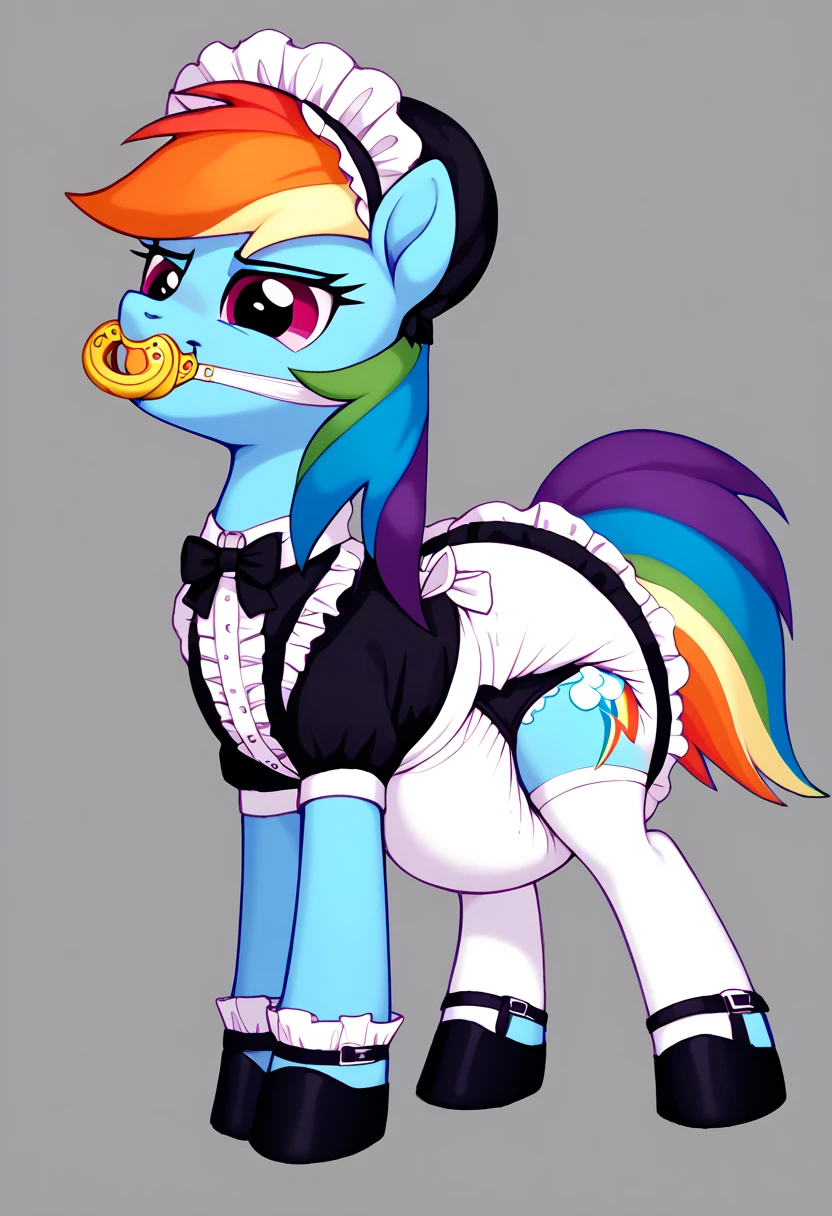  pegasque pony alone , adult mare, Rainbow Dash,  on top of them, most of the mane is wrapped in a dark light bonnet with white trim on the edges , there is a small pigtail on the back with two bows ,  purple eyes, stands on four hooves ,  wide open back hooves ,  dressed in an ornate official black and white maid outfit with ruffles and ruffles and a short skirt,  on the neck there is a steel collar with a purple tint and a bell ,  white stockings and black booties over hoof socks ,  big white pacifier mouth gag with straps , thick diaper under clothes,  on top of the diaper, black plastic panties with a white steel belt , solo,  simple background.