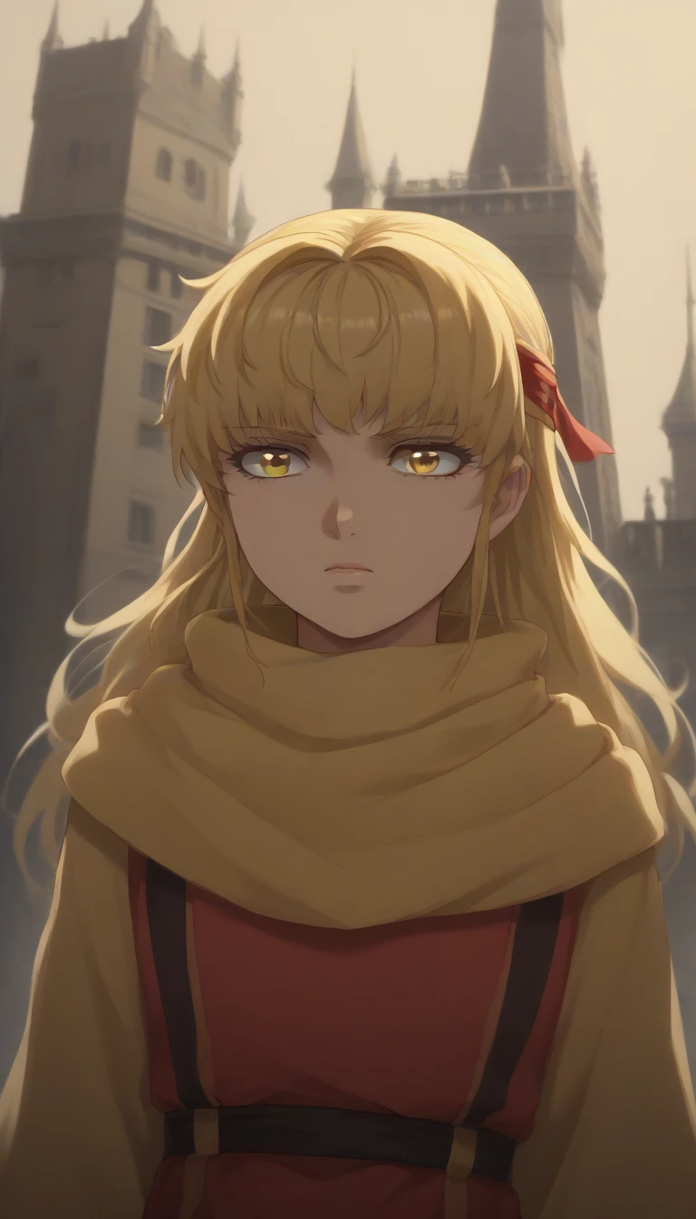  blond hair yellow eyes pony tail (((((**((Rachel Tower of God)))))))))  score_9, score_8_up, score_7_up, 1girl, kyoukai ((((cowl)))) headband slanted eyes 