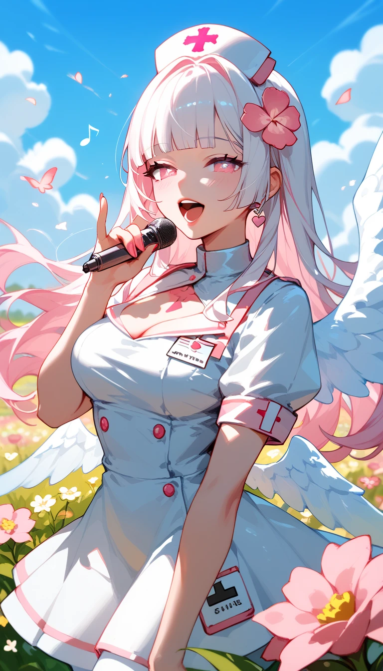 Anime, vtuber, sexy nurse, character design, white uniform, sexy, white hair with pink gradation hair, long hair, hime cut hair style, white wings,  chest open, pink pupil, singing, at flower field, using headphone