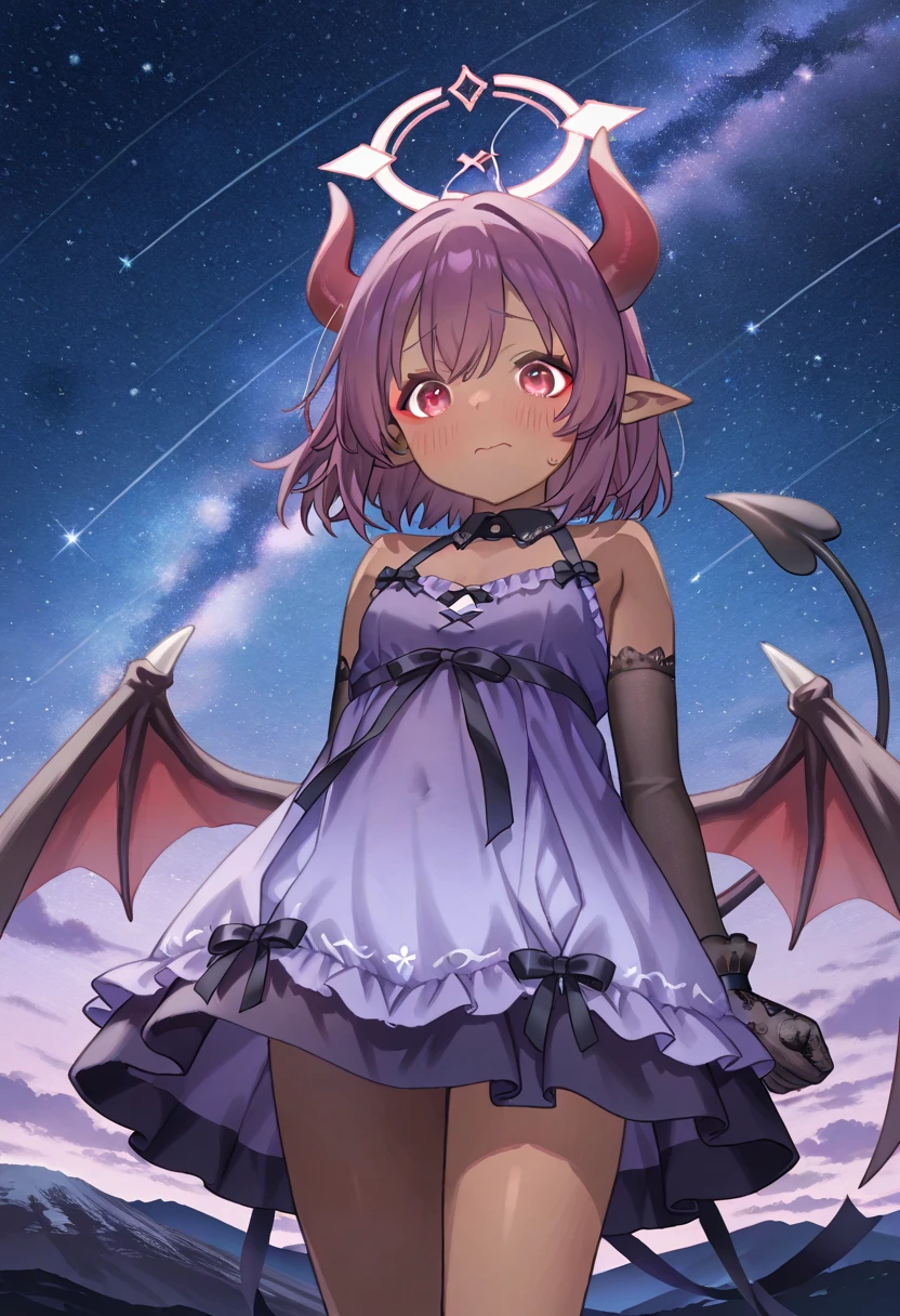  top quality 、One 、 slender body、Slender legs、(( brown skin next to a woman))、Devil horns and tail、Purple Hair、 short bob 、Devil&#39;s Wings、 flying through the sky 、 red eyeshadow、Cute single tusk、 red eyes、 is standing、 purple dress 、Belly exposed、black ruffle gloves 、whole body、volcano、Night Sky、Stars Shining、Devil&#39;s Spear、Embarrassed