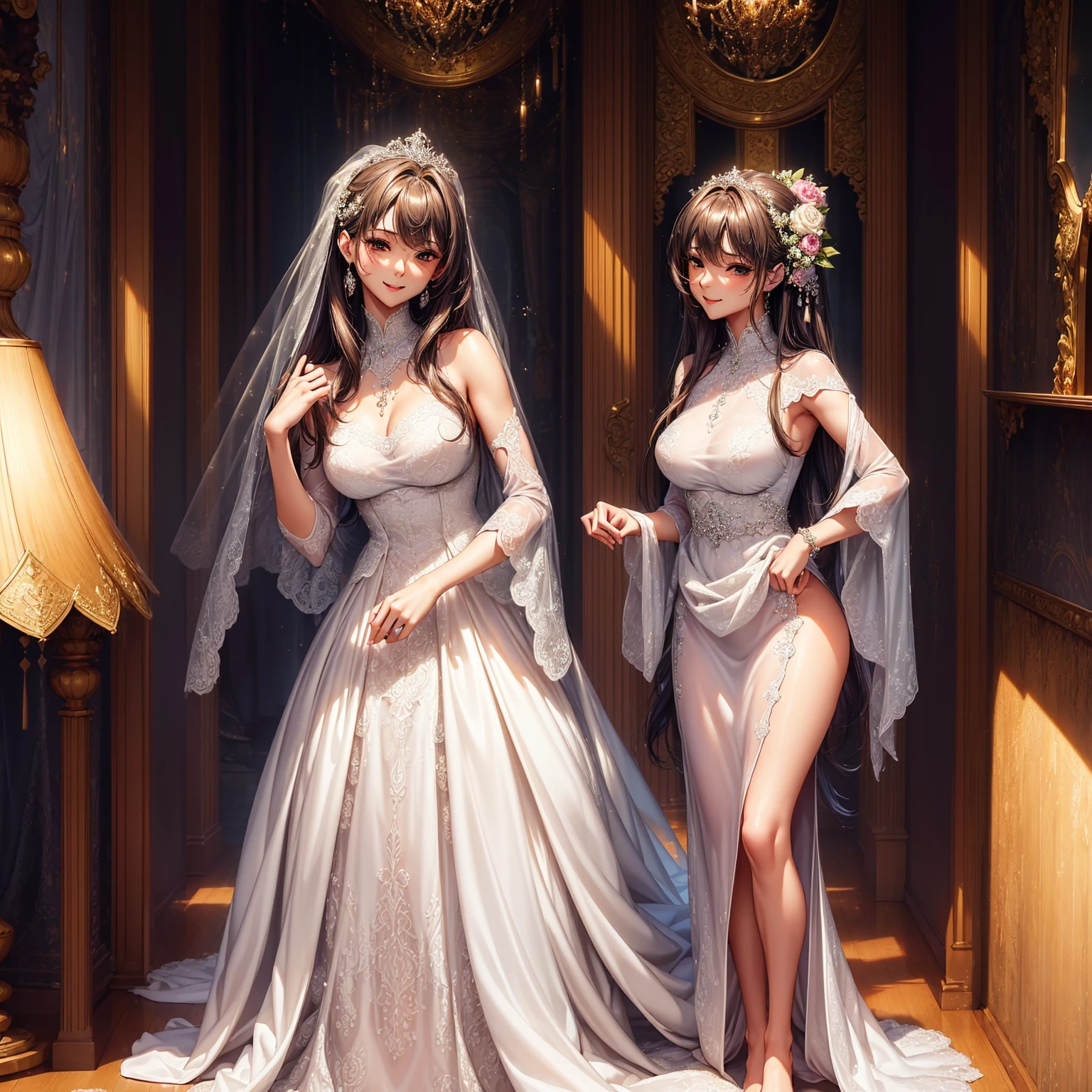 masterpiece, ((Highest quality))、wedding、(4 cute naked girls、A good friend、Standing side by side、kawaii:1.4、、smile:1.3、smile、Mr.々Hair style、pubic hair)、(((Full nudity、tits、Pussy)))、(Realistic and detailed skin texture、pale pastel wedding dresses:1.2、gem、hair ornaments、Veil、See-through)