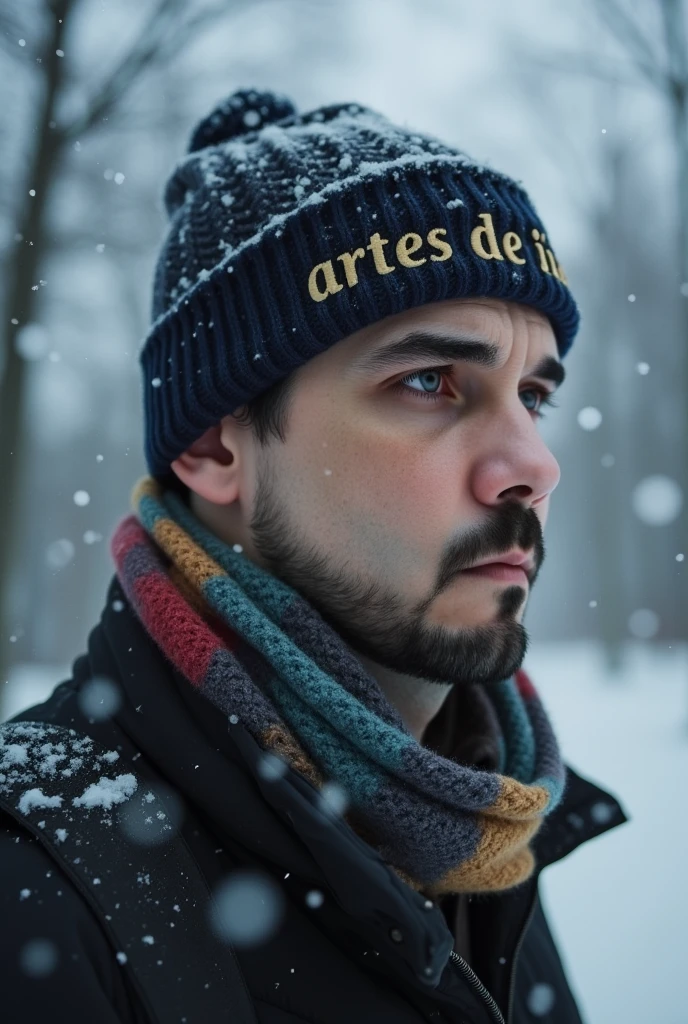 a young man, about 30 years old, wearing a hat written "ARTES DE IA" and scarf in the snow, shutterstock, young man, in a storm, looking FRONTwards, bokeh top cinematic lighting