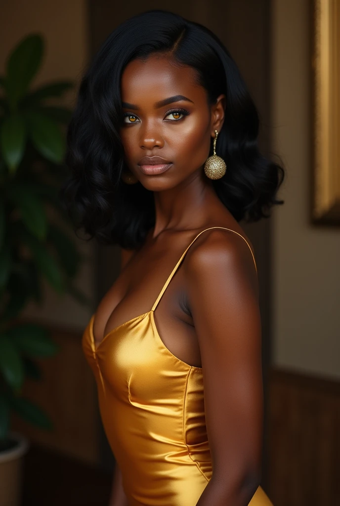 masterpiece, best quality, ultra-detailed, photography art, 8K photo, absurdres, fashion editorial, (cyberpunk futuristic:1.2), (futuristic clothing:1.4), futuristic aesthetic, (techwear fashion:1.2), amazing photo, beauty, supermodel, beautiful african female model, beautiful black woman, long hair, dark skin, (closeup, face focus:1.1), she is ((laying on the floor)), wearing gold clothing, (gold colors), high-tech garments, (tech clothing:1.3), tech acessories, (plain grey background:1.2)