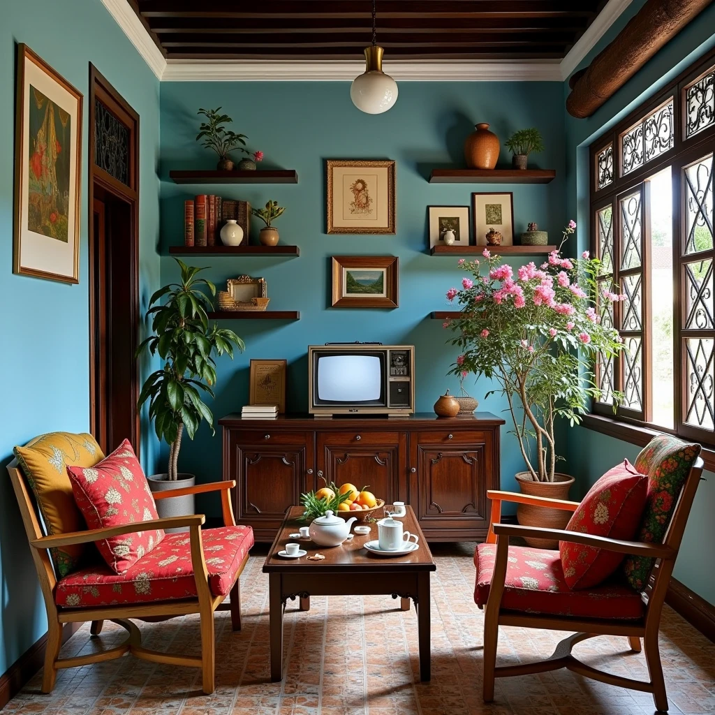 A  vintage-inspired living room with a cozy and traditional aesthetic. The walls are painted a soothing blue, decorated with framed artwork and wooden shelves holding ceramic vases, figurines, and small plants. A retro television is placed on a dark wooden cabinet, surrounded by books and decorative pieces. Two wooden armchairs with red floral cushions and colorful throw pillows face a matching wooden coffee table set with a teapot, cups, and fruits. A patterned tiled floor adds warmth and character to the room, while large windows with intricate wrought iron details let in natural light. A vibrant potted plant and pink blossoms further enhance the space, creating a nostalgic and inviting atmosphere