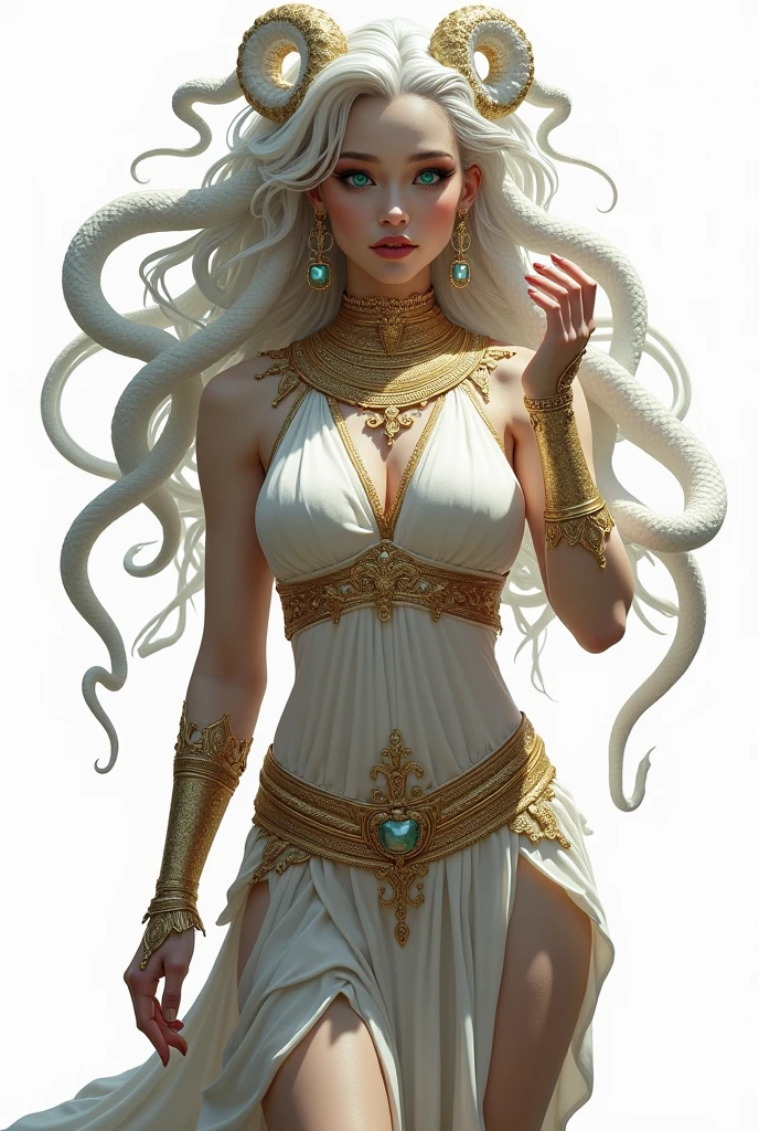 Medusa Greek mythology, (Ancient Greek dress:1.3), (gold and silver accessories, wide collar, bracelets, armlets, bangles, earrings, wide waist belt),
The hair of many snakes, image of a white snake all over, white skin covered with shiny scales, sky blue eyes, slightly open moist lips, small fangs, showing red tongue, thin waist, wide hips, curvy perfect body, ( simple background, white background), (standing with legs open), view from below, side view, 
white snake image, 