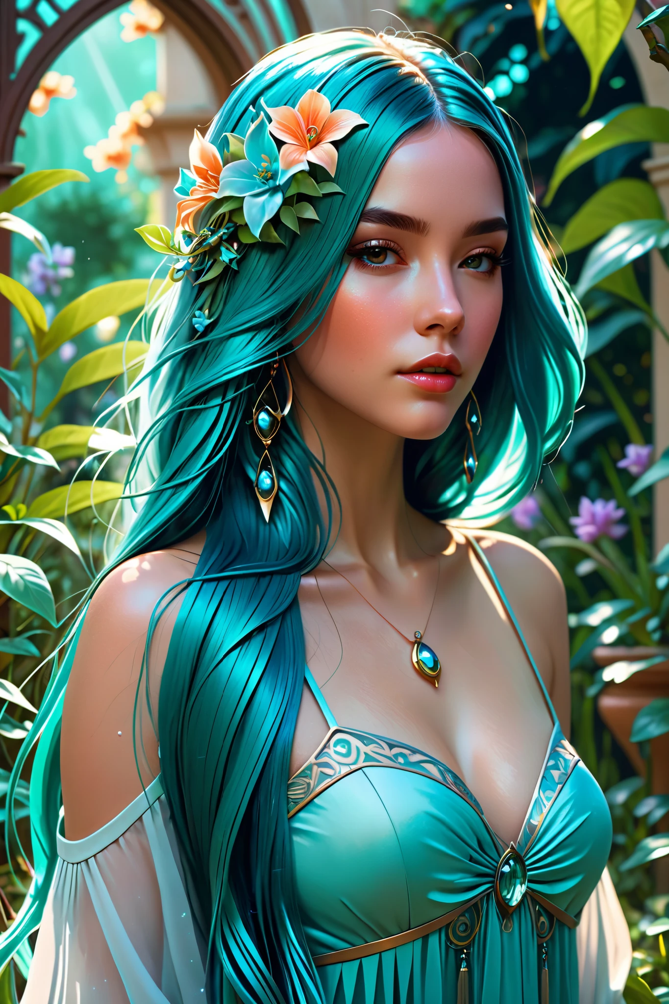 Digital painting, photorealism, masterpiece, hyperdetailed, beautiful woman zodiac goddess, (aquarius), nature background, 4k, intricate details, detailed eyes, detailed skin, perfect lighting, unreal engine, deviantart, water, flower, nature, utopia
