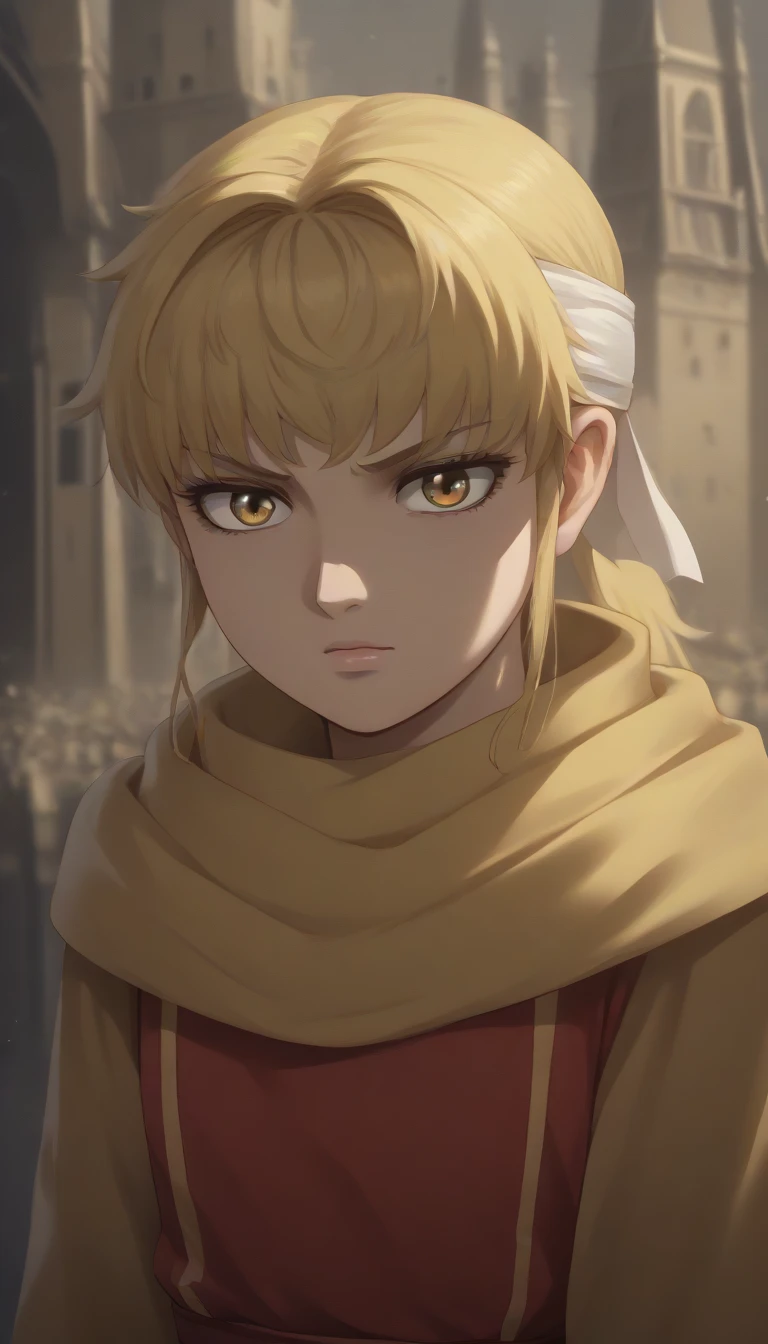  blond hair yellow eyes pony tail (((((**((Rachel Tower of God)))))))))  score_9, score_8_up, score_7_up, 1girl, kyoukai ((((cowl)))) headband slanted eyes 