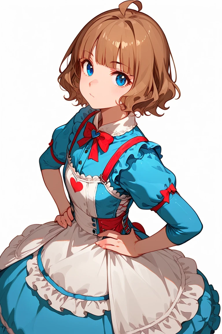 1girl, solo,
suou momoko, ahoge, short hair, brown hair, light brown hair, blue eyes, eyebrows visible through hair, wavy hair, blunt bangs,
white background, simple background, 
((alice costume:1.3))),
(masterpiece、Highest quality、Very detailed)), One girl, Hands on hips, full body, looking viewer,