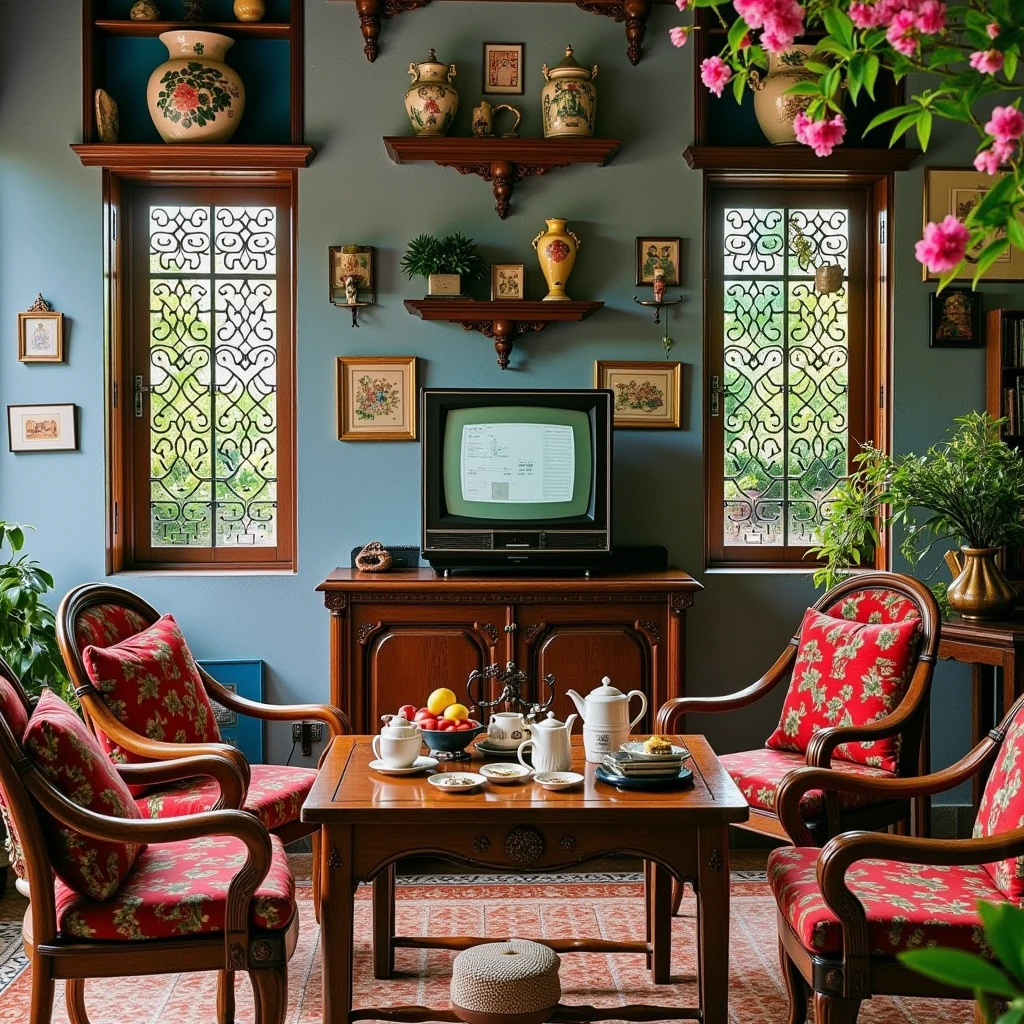 A  vintage-inspired living room with a cozy and traditional aesthetic. The walls are painted a soothing blue, decorated with framed artwork and wooden shelves holding ceramic vases, figurines, and small plants. A retro television is placed on a dark wooden cabinet, surrounded by books and decorative pieces. Two wooden armchairs with red floral cushions and colorful throw pillows face a matching wooden coffee table set with a teapot, cups, and fruits. A patterned tiled floor adds warmth and character to the room, while large windows with intricate wrought iron details let in natural light. A vibrant potted plant and pink blossoms further enhance the space, creating a nostalgic and inviting atmosphere