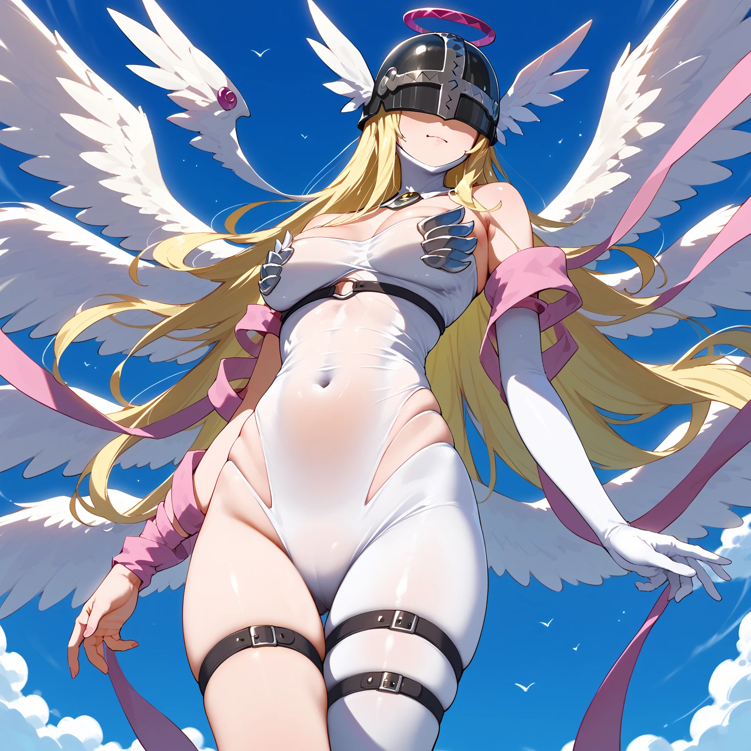 (( top quality ))), (  Details), 8k,  One Girl ,  sexy , Soft and large breasts , visible curve,  wide hips,  healthy body,  realistic, stomach,  thighs,  is standing,  sweated, steamy, defined legs,takeda hiromitsu style, Detailsな目,Zang Womon, blonde hair, covered eyes, helmet, long hair, Angel Wings, bare shoulders, elbow gloves, feathered wings, gloves, head wings, navel, pink ribbon, ribbon, single elbow glove, single glove, thigh strap,