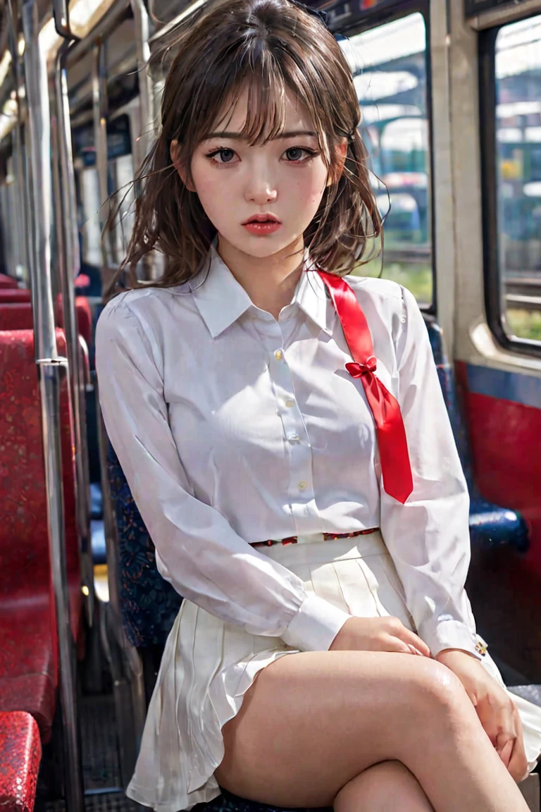  loafers in white, in train, ( Japanese Gal ),( plain Japanese face ),   highly detailed skin , best quality, super detailed face,  vibrant colors, ((Curvaceous body)), one girl, Alone, shy and cry and (angry:0.1) and hot and confused, Brown Hair, skirt,  white shirt,  a red ribbon, sit on train seat, wet seat, beautiful thighs、(( embarrassing,)), Play,(Close up on white panties)、Shiny thighs、 wet white panties、love juice, pussy juice, (Leg spread), pov