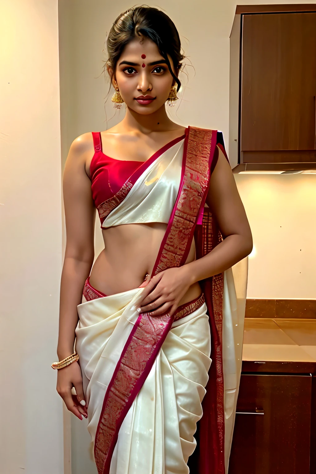 (64K,UHD,
 best quality, masterpiece:1.2), (realistic, photo-realistic:1.5), ultra-detailed, 1 girl, no clothes, fully nude, 0 clothes, beautiful indian mature woman, beutiful city mom, 30yo, ((extra dark tanned skin)) (beutiful smile:1.15), (closed mouth) beutiful massive round breasts, beautiful detailed eyes, night, wet, rain, white lace, (short hair:1.37), floating hair NovaFrogStyle, ((beutiful traditional saree)), (((hands on the chest, crying in pain, tears, sweating)))