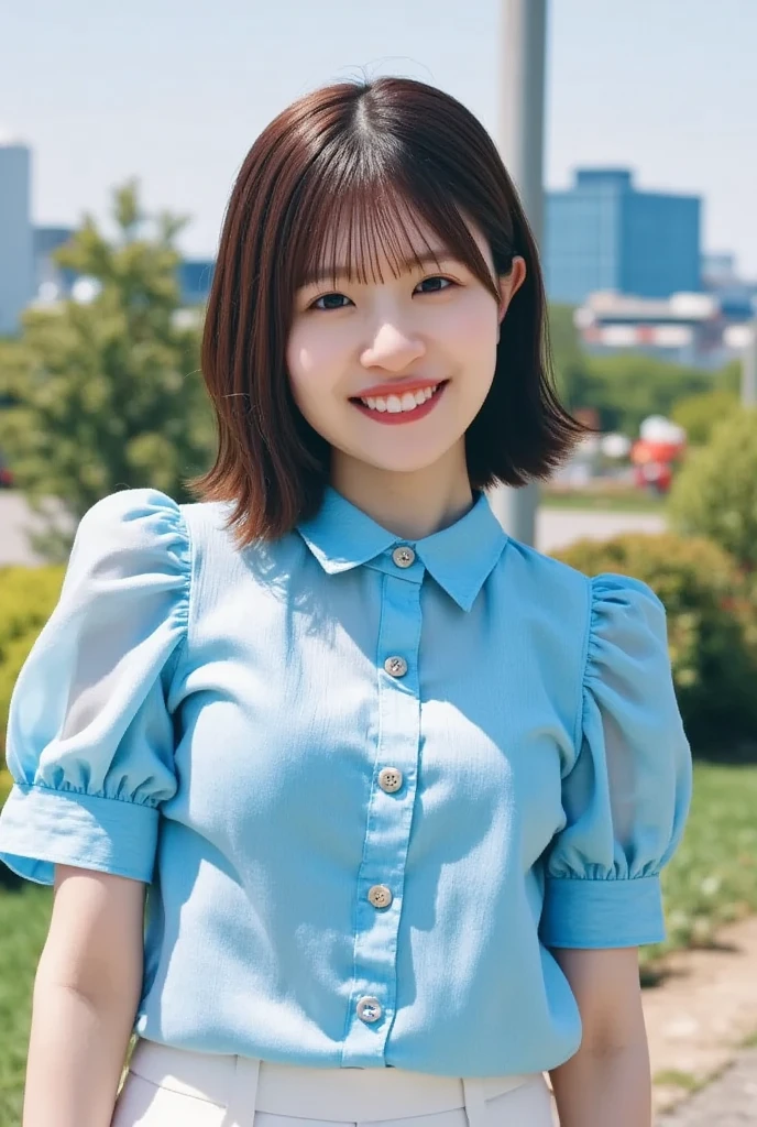 (  Top Quality ,masterpiece:1.3, Super high resolution ),(  very detailed ,  caustics,8k), (  photorealistic:1.4, RAW shooting),  blue sky,  Japanese   garden,  Japanese  ,20 years old,smile,Black hair Middle hair,( blue short sleeve summer knit),Big Breasts ,(  white skirt),  waist up shot  ,  natural light