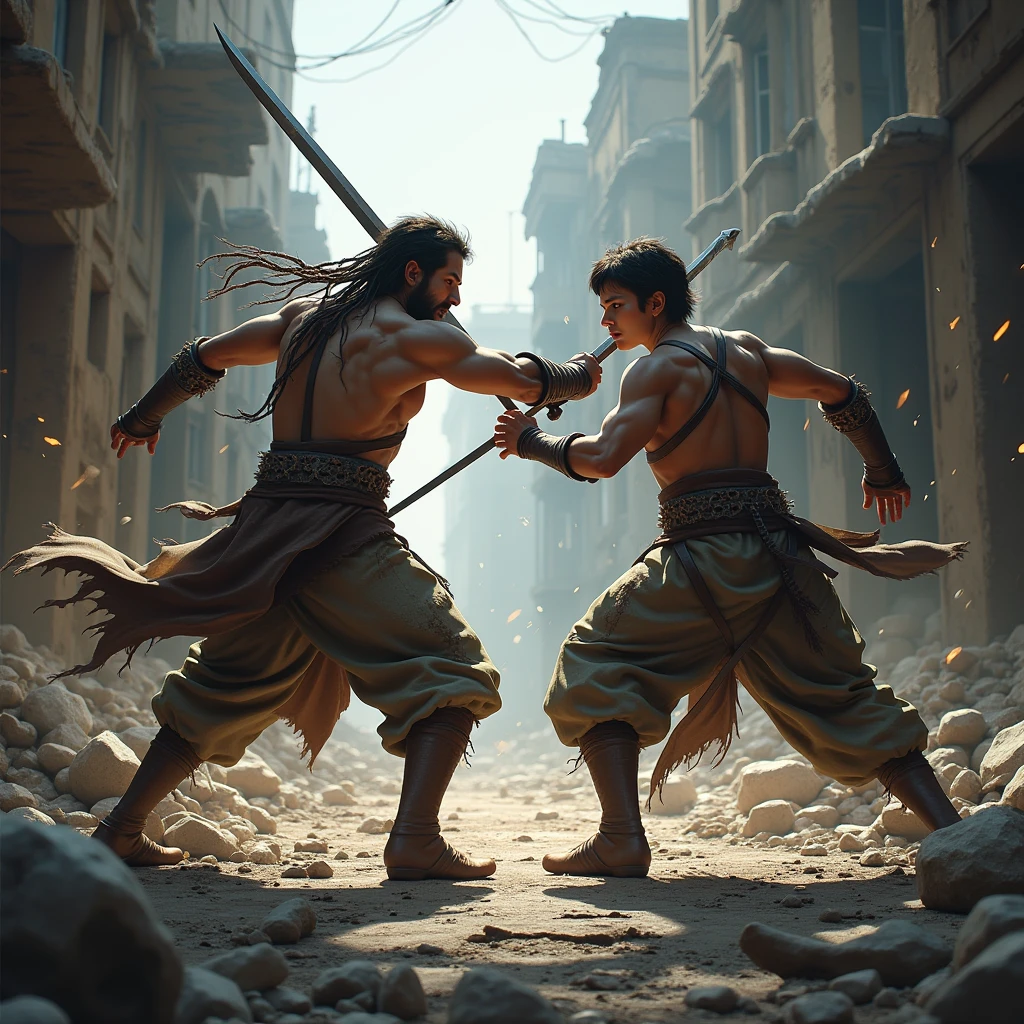 Landscape with wooden houses with stone roofs and stone floors With two people fighting 