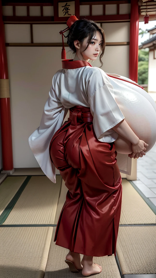  high definition ,  anatomically correct , accurate, highest quality,  Details ,  High Definition Model , High details , quality, high quality,  very detailed ,  Ultra High Definition,  textured skin,  Japanese beautiful girl,Full body photo, idol face,Beautiful face,Whitening,(((enormous huge breasts:1.2))), (((white kimono:1.2))),(long legs),(Tall),smile,(((enormous huge breasts:1.2))), short hair, short hair,(((Red Hakama:1.2))),((huge ass)),(shrine)、(Japanese clothing)