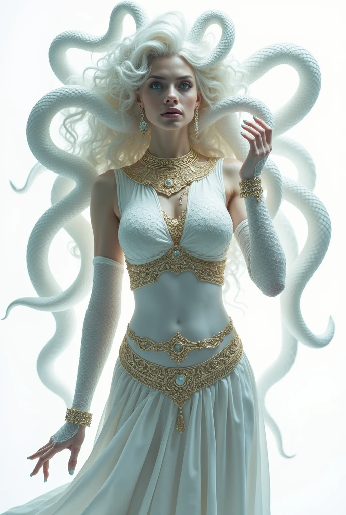 Medusa Greek mythology, (Ancient Greek long dress:1.3), (gold and silver accessories, wide collar, bracelets, armlets, bangles, earrings, wide waist belt),
The hair of many snakes, image of a white snake all over, white skin covered with shiny scales, sky blue eyes, slightly open moist lips, small fangs, cleavage, thin waist, wide hips, curvy perfect body, ( simple background, white background), (standing with legs open, full body shot), (view from above:1.3), side view, 
white snake image, 