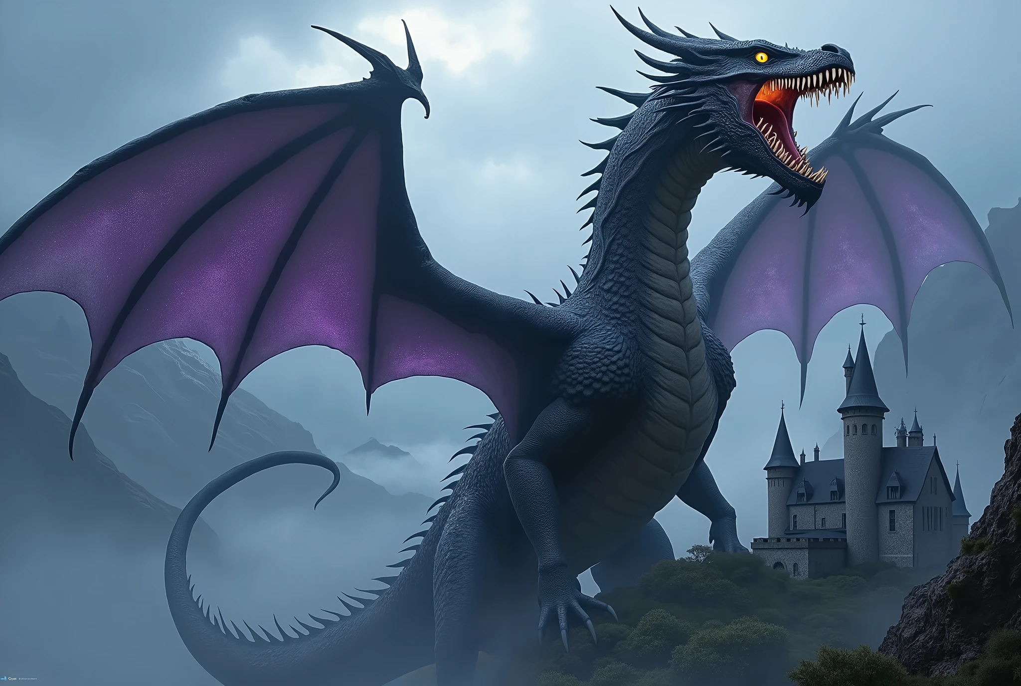 masterpiece, Best Quality, Super detailed,anime,8k, Giant Dragon Fantasy Art ,
BREAK
The wings of dragons are huge and spread、紫色の膜 visible ,
Dragon scales are jet black like black iron ,
The dragon's mouth is open 、鋭い歯 visible ,
Dragon eyes are sharp yellow with cat eyes ,
Dragons have dorsal fins on their backs ,
the dragon's tail is long 、 it wraps around the castle ,
BREAK
Foggy mountains in the background 々 visible , I can see several castle towers ,
The sky is cloudy.、 it has a dark atmosphere , Mysterious and fantastic night scenery ,