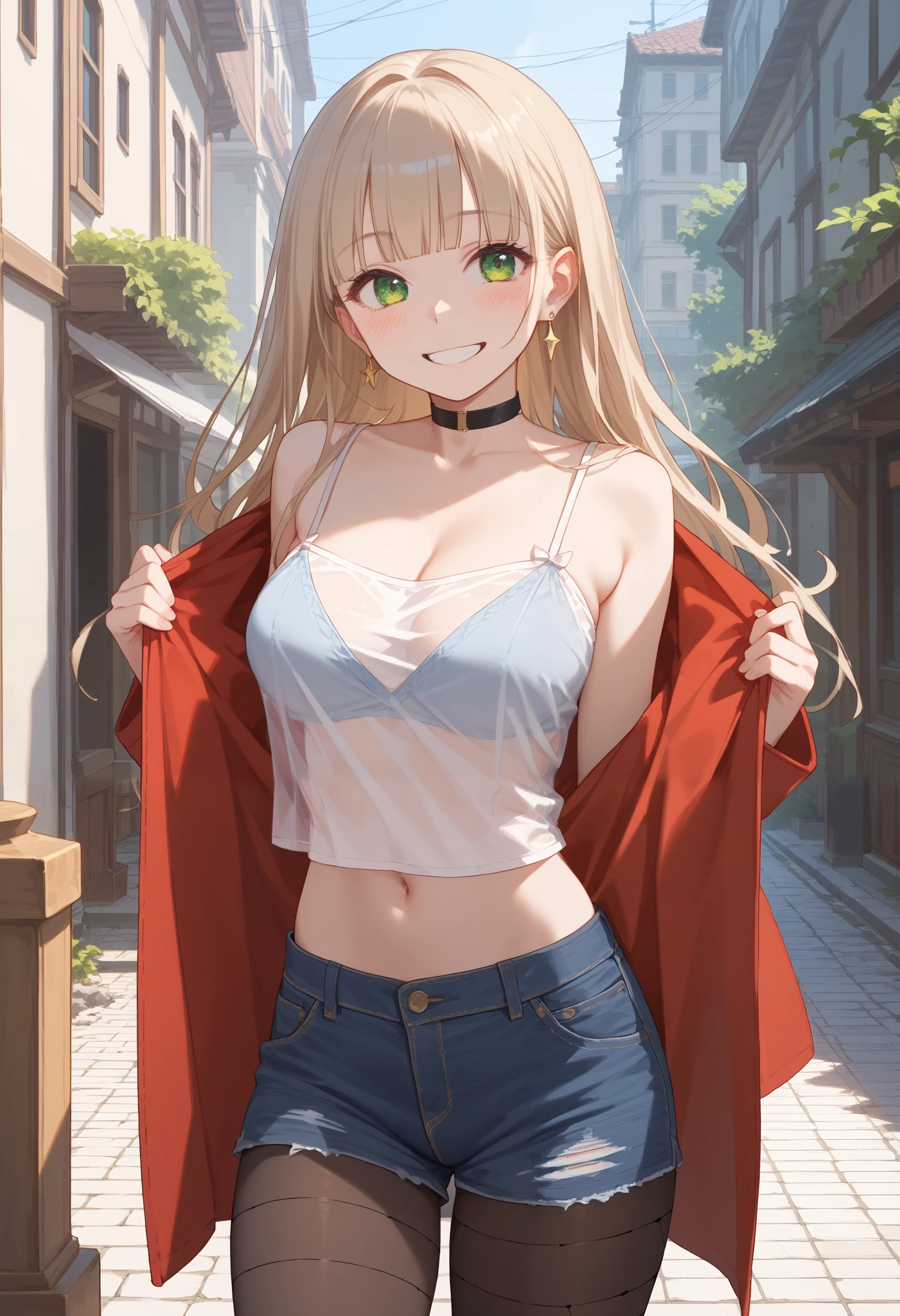 (score_9, score_8_up, score_7_up, score_6_up), anime, high res image, (masterpiece, detailed:1.2), (1girl:1.5), (beige hair, long hair, blunt bangs), (earrings), (dynamic poses), looking at viewer, (blushing red, aroused, smile), (green eyes, detail eyes), Beautiful eyes, (medium perky breasts:1.2), (slim body), (beautiful detailed face, beautiful detailed eyes), ((sheer white cropped camisole, jeans shorts, fishnet pantyhose, black choker)), outdoors, ((cowboy shot:1.3)), seductive