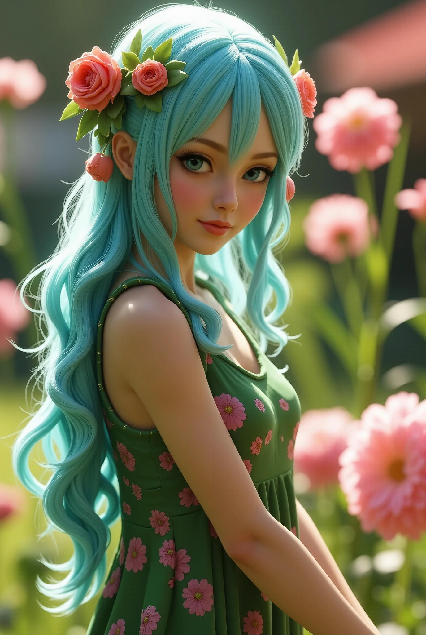 beautiful girl with long turqoise hair in a garden, cute, intricate, highly detailed, digital painting, trending on artstation, concept art, smooth, sharp focus, backlit, rim light, vivid colors, illustration, unreal engine 5, 8 k, art by rossdraws and alphonse mucha, abstract dream, space, intricate, grand scale, alone, cinematic film still, insane detail, sharp focus, depth of field, realistic lighting, (realistic perspective), complex, (multiple subjects), 4k HDR,