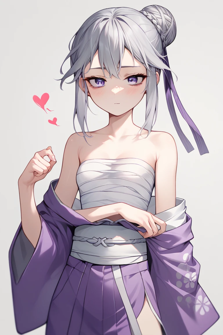 fail , Gray Hair,  braided bun ,  hair bang,  hair bow,  Single Side Bang ,  Purple Ribbon ,  purple eyes, small breasts, Purple kimono, Japanese clothing, fローラl print kimono,  wide sleeve , heart,  off the shoulder,  strapless ,  clevis on a stone, clavicle, Bare shoulders),satisfied expression, Comfortable Atmosphere  ,Quiet and calm background、(At the shrine:1.6),( human body:1.0), long hit ,Kimono dress,  off the shoulder, Your clothes will come off、nsfw , Half naked