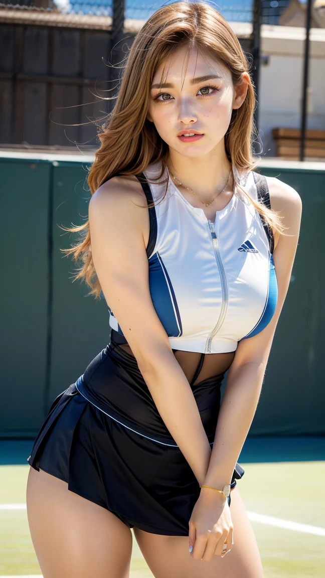 beautiful detailed eyes, beautiful detailed lips, extremely detailed eyes and face, long eyelashes, 1 girl, 18 years old, healthy thighs, beautiful legs, beautiful skin, random hair color, random hairstyle, large breasts, female tennis player, (tennis outfit:1.3), (she is standing:1.2), full body shot, shoes, (best quality,8k,ultra-detailed,masterpiece:1.3),realistic,photorealistic,photo-realistic:1.37,ultra-fine painting, vivid colors, physically-based rendering, professional