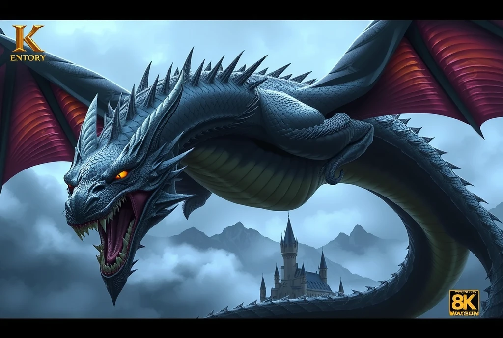 
masterpiece, Best Quality, Super detailed,anime,8k, Giant Dragon Fantasy Art ,
  BREAK 
The wings of dragons are huge and spread、紫色の膜 visible ,
 Dragon scales are jet black like black iron ,
 The dragon's mouth is open 、鋭い歯 visible ,
 Dragon eyes are sharp yellow with cat eyes ,
Dragons have dorsal fins on their backs ,
 the dragon's tail is long 、 it wraps around the castle ,
  BREAK 
Foggy mountains in the background 々 visible , I can see several castle towers ,
The sky is cloudy.、 it has a dark atmosphere , Mysterious and fantastic night scenery ,