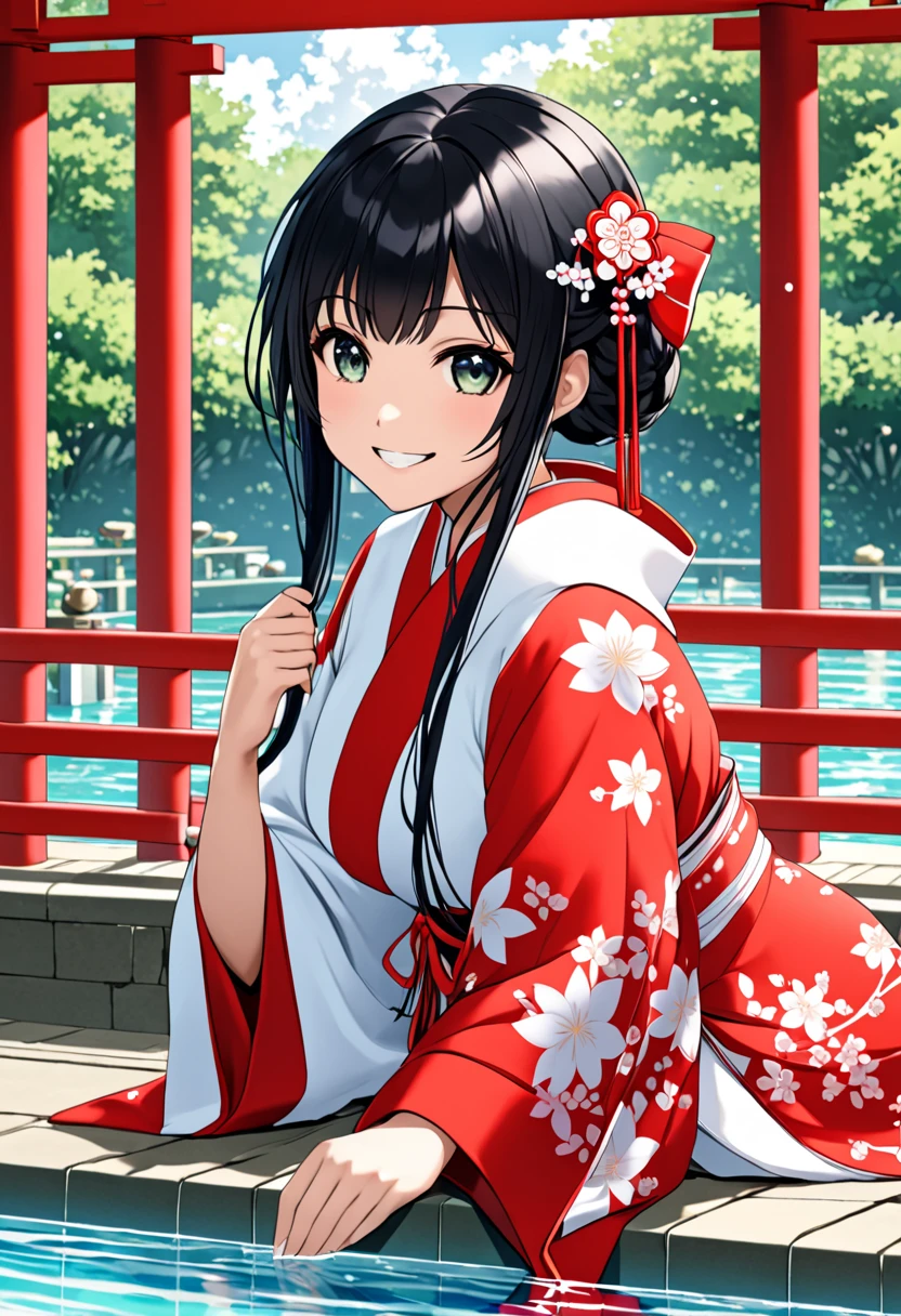 Shrine maiden　Black Hair　 girl 　smile　Pool