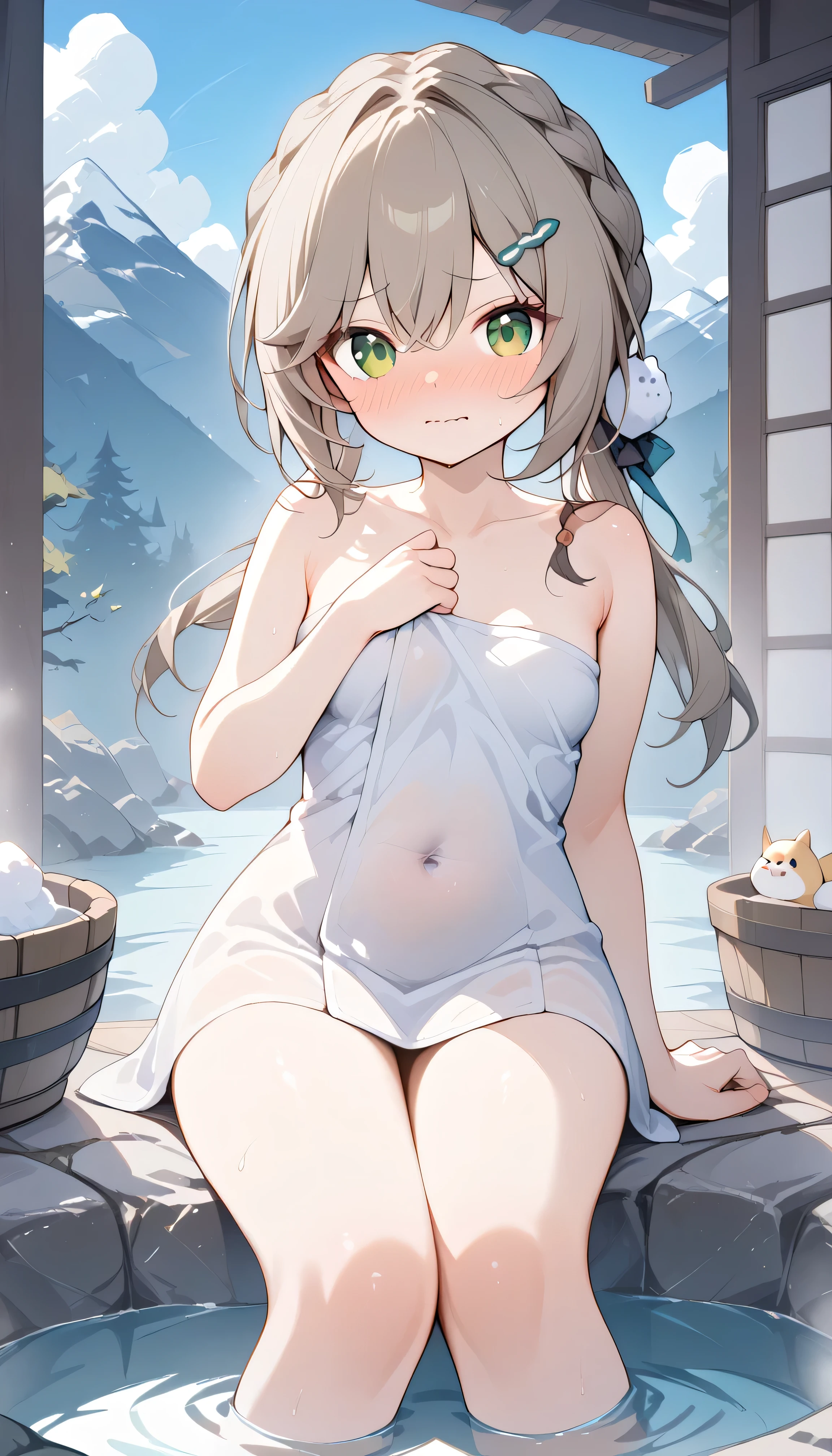 small breasts, brown hair, green eyes, braid, low twintails, hair ornament, hairpin, qingque, Alone, I can see my eyebrows from inside my hair, hair between eyes , looking at viewer, masterpiece, top quality , Outdoors hot spring Open-air Bath blue sky Mountain Snow Scenery winter steam White smoke Sigh embarrassing blush full-face blush naked towel, wavy mouth