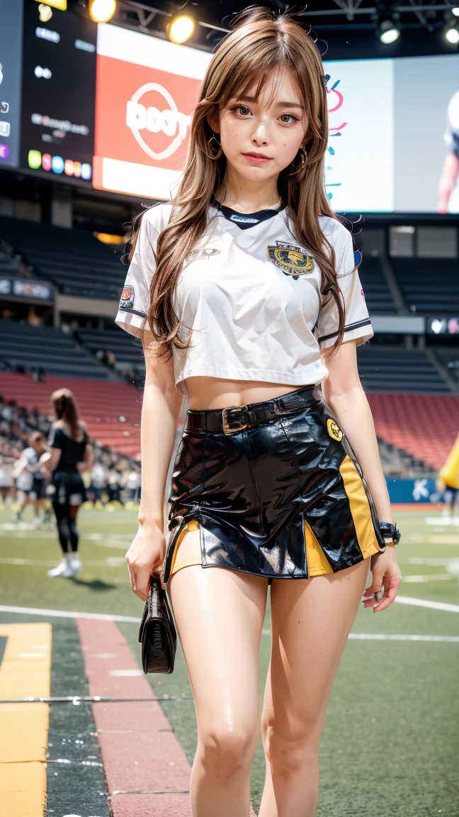 A beautiful young Japanese woman, 20 years old, with perfect anatomy, healthy thighs, beautiful feet, flawless skin, random hair color and style, large bust, (she is standing:1.2), wearing a cheerleader uniform with micro-pleated miniskirt, in a full body shot, standing in a stadium, (best quality,4k,8k, highres, masterpiece:1.3), (extremely detailed:1.2)