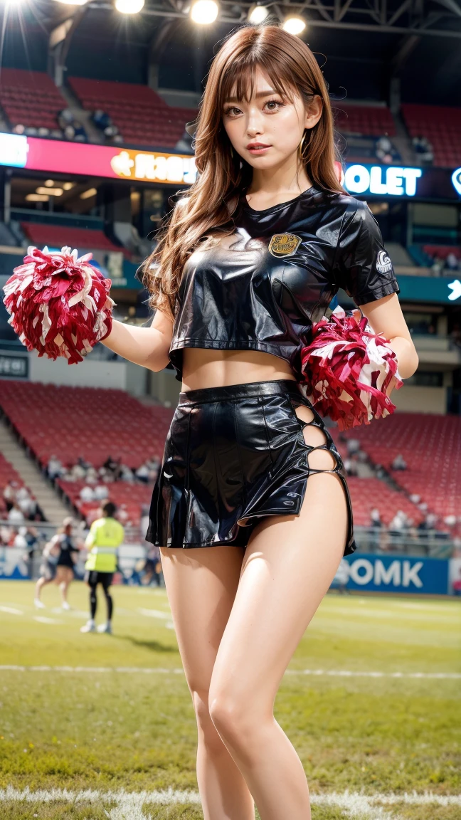 A beautiful young Japanese woman, 20 years old, with perfect anatomy, healthy thighs, beautiful feet, flawless skin, random hair color and style, large bust, (she is standing:1.2), wearing a cheerleader uniform with micro-pleated miniskirt, in a full body shot, standing in a stadium, (best quality,4k,8k, highres, masterpiece:1.3), (extremely detailed:1.2)