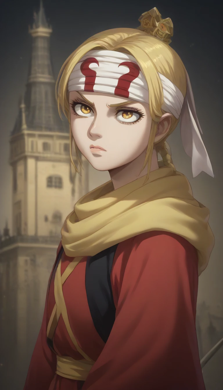  blond hair yellow eyes pony tail (((((**((Rachel Tower of God)))))))))  score_9, score_8_up, score_7_up, 1girl, kyoukai ((((cowl)))) (((((headband))))) slanted eyes 