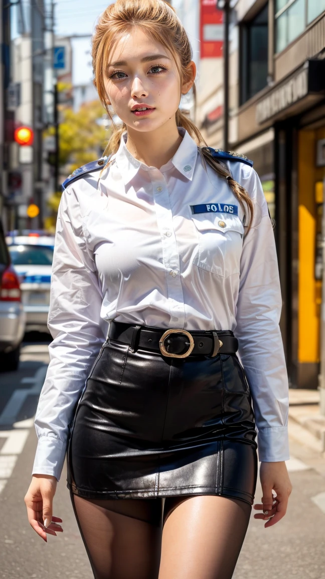 beautiful Japanese woman, 22 years old, perfect anatomy, healthy thighs, beautiful legs, beautiful skin, random hair color, random hairstyle, large breasts, female police officer, (Japanese police uniform:1.3), (miniskirt:1.3), (she is standing:1.2), full body shot, high heels, city street, (best quality, 4k, 8k, highres, masterpiece:1.3), (extremely detailed:1.2)