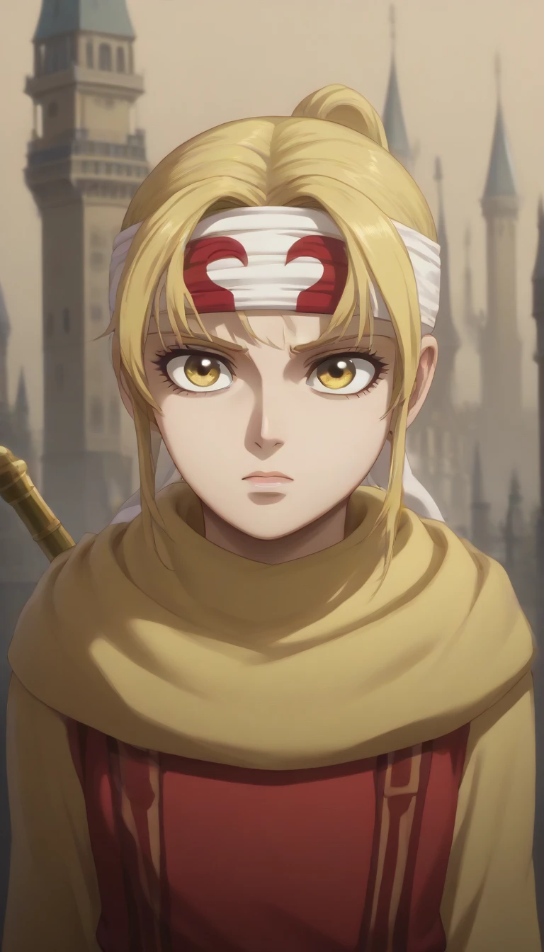  blond hair yellow eyes pony tail (((((**((Rachel Tower of God)))))))))  score_9, score_8_up, score_7_up, 1girl, kyoukai ((((cowl)))) (((((headband))))) slanted eyes 