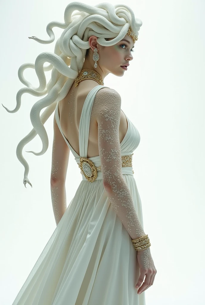 Medusa Greek mythology, (Ancient Greek long dress, white dress:1.3), (gold and silver accessories, wide collar, bracelets, armlets, bangles, earrings, wide waist belt),
The hair of many snakes, image of a white snake all over, white skin covered with shiny scales, sky blue eyes, slightly open moist lips, small fangs, cleavage, thin waist, wide hips, curvy perfect body, ( simple background, white background), (standing with legs open, full body shot), (view from behind:1.3), 
white snake image, 