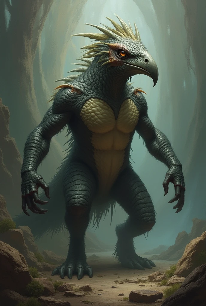 Nargacuga from monster hunter, male, black balls, black large flaccid penis, forestskin, gray and blue body, jungle, angry pose, sitting in a tree, primitive clothes, by bebebebebe, small waist, large legs, feral, under view, perspective, muscular