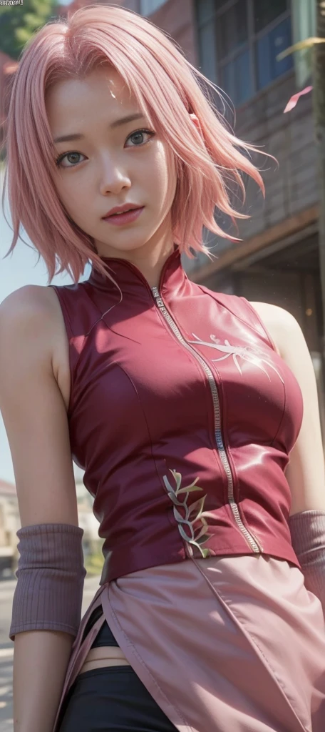One girl, (8k, RAWphotograph, Highest quality, masterpiece:1.2), (Ultra-high resolution:1.0),detailed illustrinion, (Real person,fashion photography portrait,photograph), detailed, detailed beautiful skin, (Realistic, photo-Realistic:1.37), Sakura NS, 一人in, Professional Lighting, Pink dress with flowers), village, East Asian architecture, wood, village hidden in the leaves background,Looking_in_Audience, smile, Flowers on the forehead,red_hair band,Pink Hair,Green Eyes,mitain,Closed-toe footwear,Kunai,Facial blemishes,woodノ葉隠れのシンボル,Finding_stance,fence,Ninja,Adjust handbag,No sleeve,Cleavage