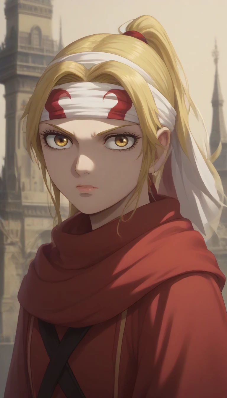  blond hair yellow eyes pony tail (((((**((Rachel Tower of God)))))))))  score_9, score_8_up, score_7_up, 1girl, kyoukai ((((cowl)))) (((((headband))))) slanted eyes 