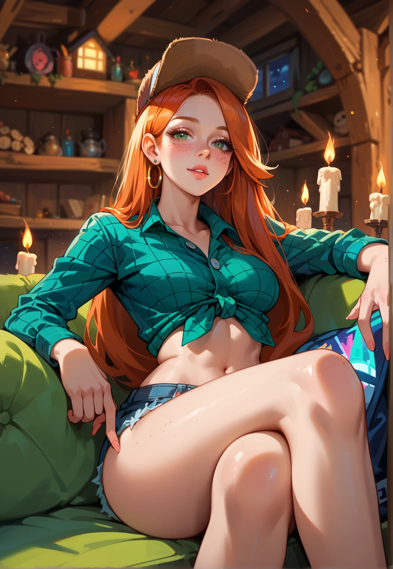 1girl, 4k, Wendy Corduroy, Gravity Falls, ginger hair, freckles, parted lips, vibrant colors, masterpiece, sitting on a couch in a living, sexy pose, close up, BREAK, night time, mountain cottage, candles in the background,